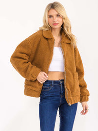 WOMEN'S LONG SLEEVE ZIP UP FRONT POCKETS SHERPA JACKET