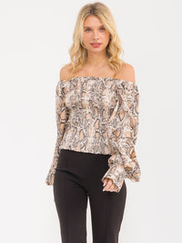 WOMEN'S LONG BALLOON SLEEVE OFF SHOULDER SMOCK ANIMAL PRINT BLOUSE