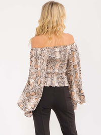 WOMEN'S LONG BALLOON SLEEVE OFF SHOULDER SMOCK ANIMAL PRINT BLOUSE