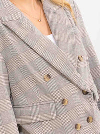 WOMEN'S LONG SLEEVE BUTTON CLOSURE FRONT POCKETS PLAID BLAZER