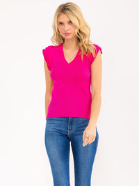 WOMEN'S RUFFLE SLEEVE V-NECK RIBBED TOP