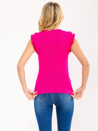 WOMEN'S RUFFLE SLEEVE V-NECK RIBBED TOP