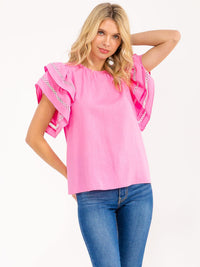 WOMEN'S SHORT RUFFLE SLEEVE TRIM DETAILED LINEN BLOUSE