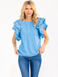 WOMEN'S SHORT RUFFLE SLEEVE TRIM DETAILED LINEN BLOUSE