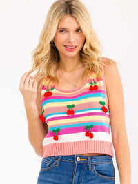 WOMEN'S SLEEVELESS COLORBLOCK KNIT CHERRY DETAILED TANK TOP