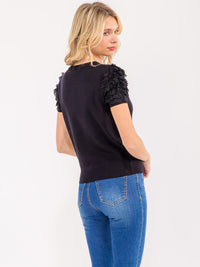 WOMEN'S SHORT RUFFLE SLEEVE RIBBED BLOUSE