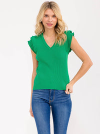 WOMEN'S RUFFLE SLEEVE V-NECK RIBBED TOP