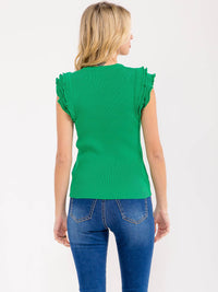 WOMEN'S RUFFLE SLEEVE V-NECK RIBBED TOP
