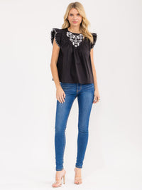 WOMEN'S RUFFLE SLEEVE TRIM DETAILED EMBROIDERY BLOUSE