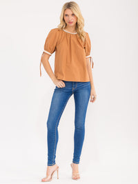 WOMEN'S SHORT PUFF SLEEVE TRIM DETAILED TOP