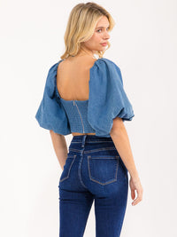 WOMEN'S SHORT PUFF SLEEVE SQUARE NECK SMOCK STUDS DETAILED DENIM TOP