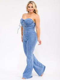 PLUS SIZE SLEEVELESS LACE UP STRETCH DENIM WIDE LEG JUMPSUIT
