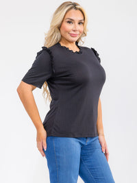 PLUS SIZE SHORT SLEEVE RUFFLE RIBBED TOP