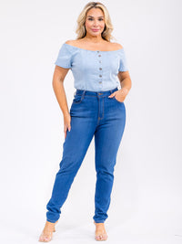 PLUS SIZE OFF SHOULDER SHORT SLEEVE BUTTON UP CHAMBRAY BODYSUIT