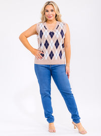 PLUS SIZE SLEEVELESS V-NECK MULTI PRINT TOP
