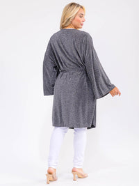 PLUS SIZE LONG SLEEVE OPEN FRONT SELF TIE SHIMMER CARDIGAN