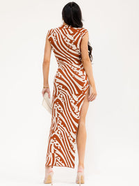 WOMEN'S SLEEVELESS MOCK NECK SIDE SLIT PRINT BODYCON MAXI DRESS