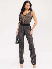 WOMEN'S SLEEVELESS BODYSUIT & ELASTIC WAIST PANTS MESH STUDS 2PC. SET