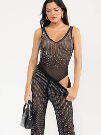 WOMEN'S SLEEVELESS BODYSUIT & ELASTIC WAIST PANTS MESH STUDS 2PC. SET