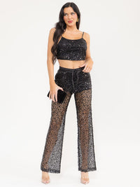 WOMEN'S SLEEVELESS CROP TOP & ELASTIC WAIST PANTS SEQUINS 2PC. SET