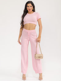 WOMEN'S SHORT SLEEVE CROP TOP & ELASTIC WAIST PANTS SOLID 2PC. SET