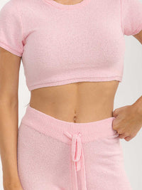 WOMEN'S SHORT SLEEVE CROP TOP & ELASTIC WAIST PANTS SOLID 2PC. SET