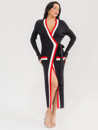 WOMEN'S LONG SLEEVE COLORBLOCK RIBBED BODYCON WRAP MAXI DRESS
