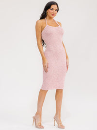 WOMEN'S SLEEVELESS HALTER NECK SEQUINS BODYCON MIDI DRESS