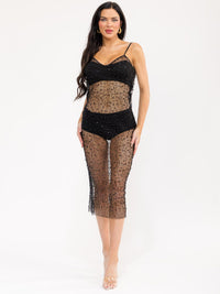 WOMEN'S SLEEVELESS V-NECK PEARL MESH BODYCON MIDI DRESS