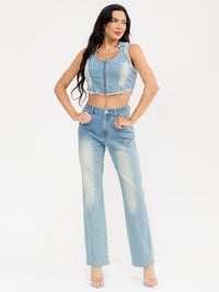 WOMEN'S SLEEVELESS TOP & BUTTON CLOSURE PANTS DENIM WASHED 2PC. SET