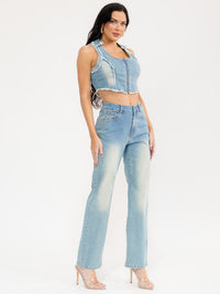 WOMEN'S SLEEVELESS TOP & BUTTON CLOSURE PANTS DENIM WASHED 2PC. SET
