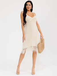 WOMEN'S SLEEVELESS V-NECK FRINGE BOTTOM HEM BODYCON MIDI DRESS