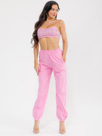 WOMEN'S SLEEVELESS CROP TOP & ELASTIC WAIST PANTS STUDS DETAILED 2PC. SET