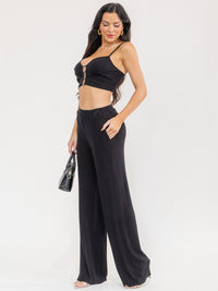 WOMEN'S SLEEVELESS CROP TOP & ELASTIC WAIST PANTS RIBBED 2PC. SET
