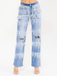 WOMEN'S BUTTON CLOSURE POCKETS FRINGE DETAILED STRAIGHT LEG DENIM DISTRESS PANTS