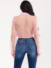 WOMEN'S LONG SLEEVE BUTTON UP LACE SHEER DETAILED CROP TOP