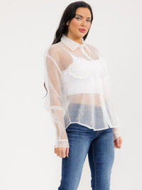 WOMEN'S LONG SLEEVE BUTTON UP FRONT POCKETS SHEER BLOUSE