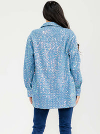 WOMEN'S LONG SLEEVE BUTTON UP FRONT POCKETS DENIM SEQUINS JACKET