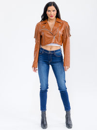 WOMEN'S LONG SLEEVE ZIP UP FRONT POCKETS FRINGE PU PLEATHER JACKET
