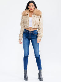 WOMEN'S LONG SLEEVE ZIPPER CLOSURE FRONT POCKETS FAUX FUR PU JACKET