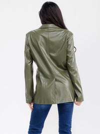 WOMEN'S LONG SLEEVE BUTTON CLOSURE FRONT POCKETS PU PLEATHER BLAZER