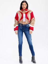 WOMEN'S LONG SLEEVE ZIPPER UP PU PLEATHER COLORBLOCK JACKET