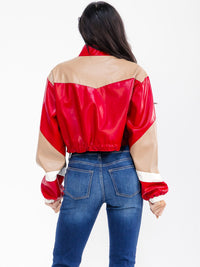 WOMEN'S LONG SLEEVE ZIPPER UP PU PLEATHER COLORBLOCK JACKET