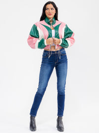 WOMEN'S LONG SLEEVE ZIPPER UP PU PLEATHER COLORBLOCK JACKET