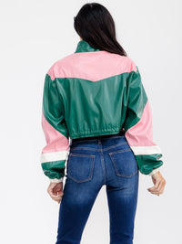 WOMEN'S LONG SLEEVE ZIPPER UP PU PLEATHER COLORBLOCK JACKET