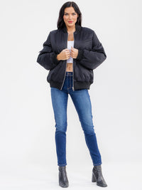 WOMEN'S LONG SLEEVE ZIPPER CLOSURE FRONT POCKETS BOMBER JACKET