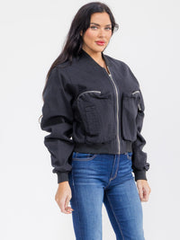 WOMEN'S LONG SLEEVE ZIPPER CLOSURE FRONT POCKETS BOMBER JACKET