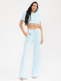 WOMEN'S SHORT SLEEVE HOODED CROP TOP & ELASTIC WAIST PANTS FRINGE STUDS 2PC. SET