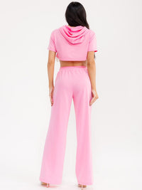 WOMEN'S SHORT SLEEVE HOODED CROP TOP & ELASTIC WAIST PANTS FRINGE STUDS 2PC. SET