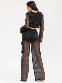 WOMEN'S LONG SLEEVE HOODED CROP TOP & ELASTIC WAIST PANTS CROCHET 2PC. SET
